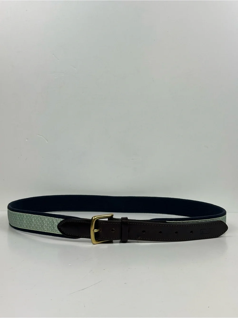 Vineyard Vines Whale Pattern Belt with Brown Leather Trim